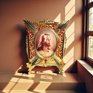 Mid Century Vintage Gold Tone Framed Portrait of Jesus Christ/Religious Decor